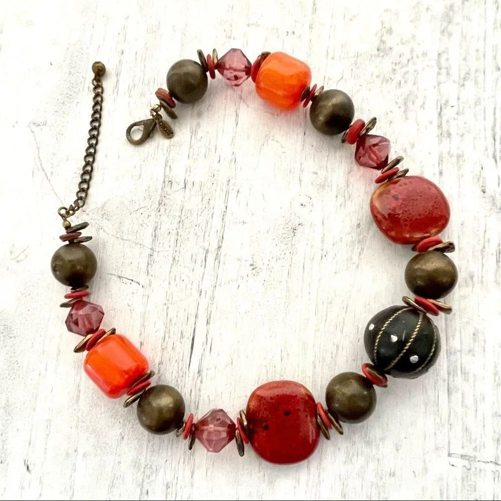 Chicos red, orange and black beaded statement necklace